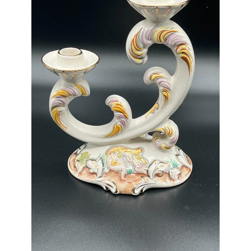 Vintage Alcobaca Portugal Capodimonte Double Candle Holder Hand Painted Stamped‎